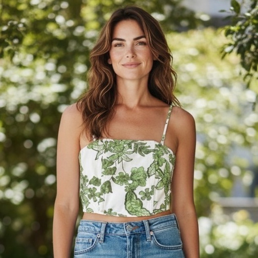 Midnight Sky Green Floral Corset Crop Top Cottagecore Fairycore Botanical Boho M